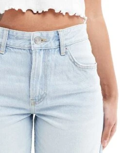 Bershka High Waisted Raw Hem Longline Denim Shorts In Light Blue Wash For Women -Chic Maze Sales 206522978 5