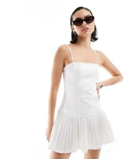 Bershka Cotton Straight Neck Pleated Mini Dress In White For Women -Chic Maze Sales 206523003 1 white 1