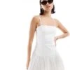 Bershka Cotton Straight Neck Pleated Mini Dress In White For Women -Chic Maze Sales 206523003 1 white