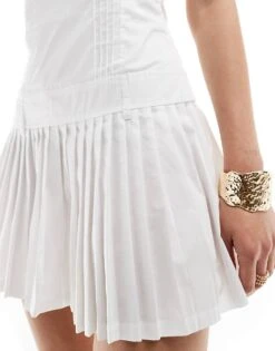 Bershka Cotton Straight Neck Pleated Mini Dress In White For Women -Chic Maze Sales 206523003 2
