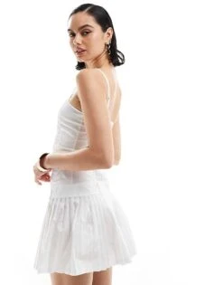 Bershka Cotton Straight Neck Pleated Mini Dress In White For Women -Chic Maze Sales 206523003 3
