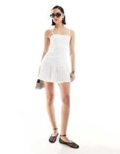 Bershka Cotton Straight Neck Pleated Mini Dress In White For Women -Chic Maze Sales 206523003 4