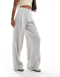 Bershka High Waisted Wide Leg Tailored Trousers In Light Grey Stripe For Women -Chic Maze Sales 206523028 1 grey 1