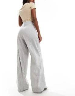 Bershka High Waisted Wide Leg Tailored Trousers In Light Grey Stripe For Women -Chic Maze Sales 206523028 3