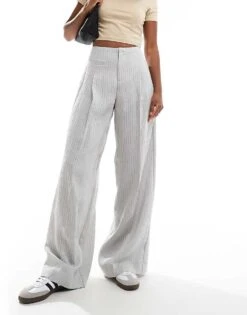 Bershka High Waisted Wide Leg Tailored Trousers In Light Grey Stripe For Women -Chic Maze Sales 206523028 4