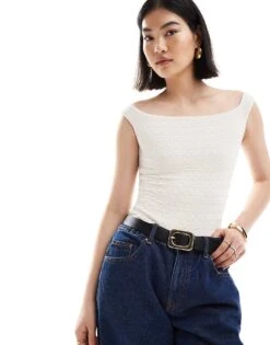 Bershka Bardot Crinkle Bodysuit In White For Women -Chic Maze Sales 206523078 1 white 1