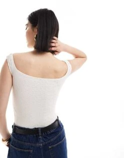 Bershka Bardot Crinkle Bodysuit In White For Women -Chic Maze Sales 206523078 4