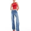Bershka Cherry Bow Embroidered Wide Leg Jeans In Indigo Wash For Women Blue -Chic Maze Sales 206523083 1 blue