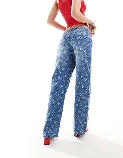 Bershka Cherry Bow Embroidered Wide Leg Jeans In Indigo Wash For Women Blue -Chic Maze Sales 206523083 2