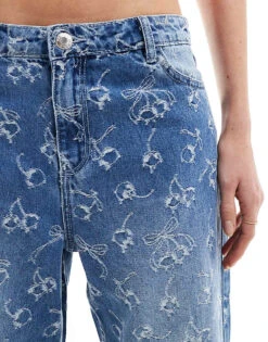 Bershka Cherry Bow Embroidered Wide Leg Jeans In Indigo Wash For Women Blue -Chic Maze Sales 206523083 3