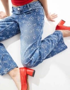 Bershka Cherry Bow Embroidered Wide Leg Jeans In Indigo Wash For Women Blue -Chic Maze Sales 206523083 4