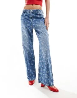 Bershka Cherry Bow Embroidered Wide Leg Jeans In Indigo Wash For Women Blue -Chic Maze Sales 206523083 5