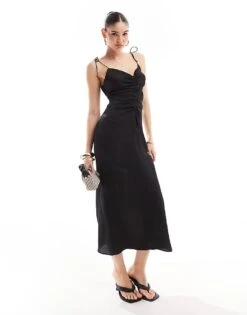 Bershka Ruched Front Satin Maxi Dress In Black For Women -Chic Maze Sales 206523117 1 black 1