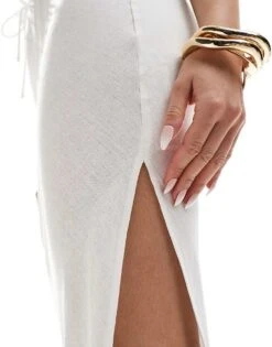 Bershka Tie Waist Linen Maxi Skirt In White For Women -Chic Maze Sales 206523145 4
