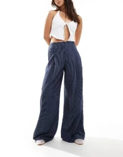 Bershka High Waisted Wide Leg Tailored Trousers In Blue Stripe For Women -Chic Maze Sales 206523183 1 blue 1