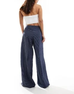 Bershka High Waisted Wide Leg Tailored Trousers In Blue Stripe For Women -Chic Maze Sales 206523183 3