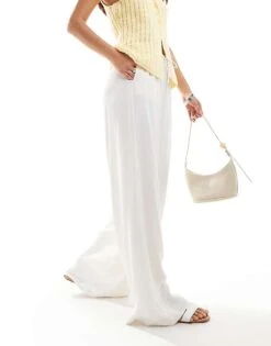 Bershka Tie Waist Wide Leg Satin Trousers In Ecru For Women Neutral -Chic Maze Sales 206646994 4