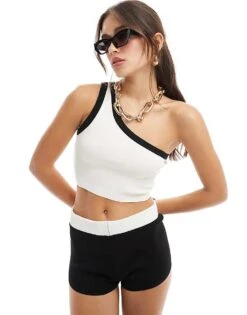 Bershka One Shoulder Contrast Piping Knitted Top In Ecru & Black Stripe For Women Cru Stripe -Chic Maze Sales 206647556 1 crustripe 1