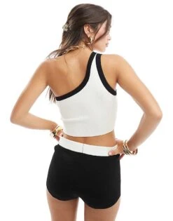 Bershka One Shoulder Contrast Piping Knitted Top In Ecru & Black Stripe For Women Cru Stripe -Chic Maze Sales 206647556 4