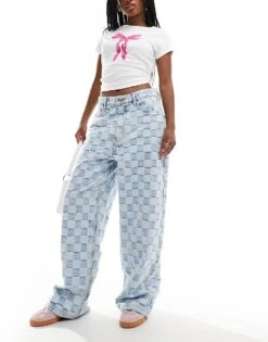 Bershka Check Baggy Jeans In Mid Blue For Women -Chic Maze Sales 206663924 1 blue 1