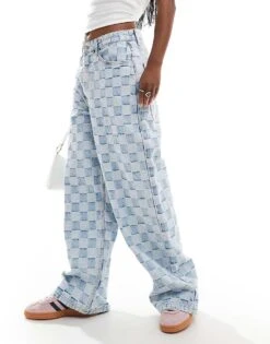Bershka Check Baggy Jeans In Mid Blue For Women -Chic Maze Sales 206663924 2