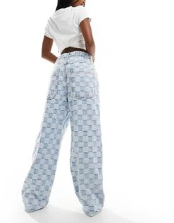 Bershka Check Baggy Jeans In Mid Blue For Women -Chic Maze Sales 206663924 3