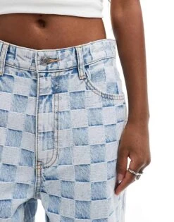 Bershka Check Baggy Jeans In Mid Blue For Women -Chic Maze Sales 206663924 4