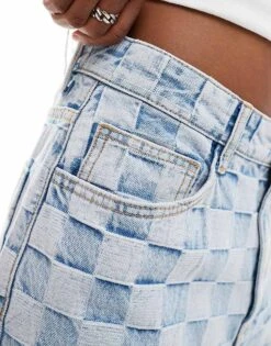 Bershka Check Baggy Jeans In Mid Blue For Women -Chic Maze Sales 206663924 5