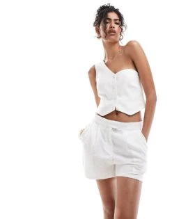 Bershka One Shoulder Linen Waistcoat And Shorts Co-ord In White -Chic Maze Sales 206684553 1 white