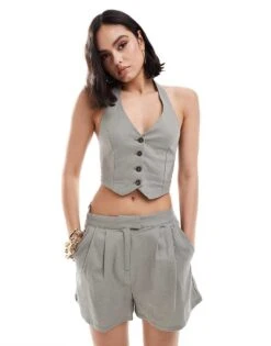 Bershka One Shoulder Linen Co-ord In Grey -Chic Maze Sales 206715721 1 grey