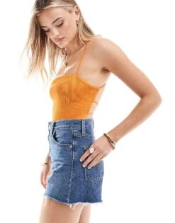 Bershka Straight Neck Crinkle Bodysuit In Orange For Women -Chic Maze Sales 206715727 1 orange 1