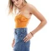 Bershka Straight Neck Crinkle Bodysuit In Orange For Women 1 Bershka Straight Neck Crinkle Bodysuit In Orange For Women -Chic Maze Sales 206715727 1 orange