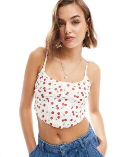Bershka Cherry Print Corset Top In White For Women -Chic Maze Sales 206715758 1 white 1