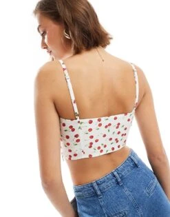 Bershka Cherry Print Corset Top In White For Women -Chic Maze Sales 206715758 3