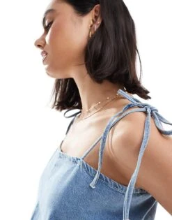 Bershka Denim Strappy Tiered Hem Mini Dress In Blue For Women -Chic Maze Sales 206715764 2