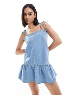 Bershka Denim Strappy Tiered Hem Mini Dress In Blue For Women -Chic Maze Sales 206715764 3
