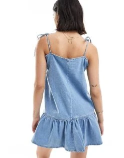 Bershka Denim Strappy Tiered Hem Mini Dress In Blue For Women -Chic Maze Sales 206715764 4