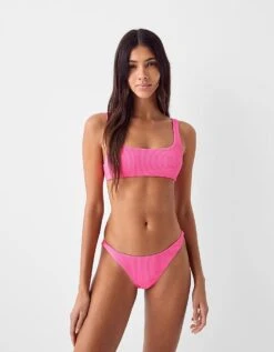 Bershka Crinkle Bikini Bottoms Co-ord In Bright Pink For Women