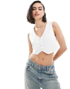 Bershka Tailored Cropped Waistcoat In White For Women -Chic Maze Sales 206718349 1 white 1