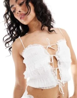 Bershka Shirred Tie Front Top Co-ord In White For Women -Chic Maze Sales 206719671 2