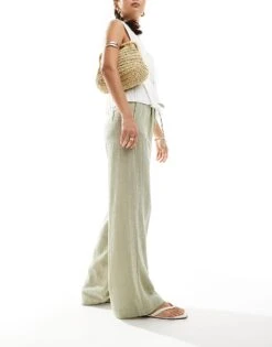 Bershka Rustic Textured Tie Waist Trousers In Light Khaki For Women Green -Chic Maze Sales 206719683 1 green 1