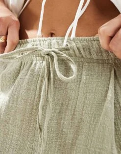 Bershka Rustic Textured Tie Waist Trousers In Light Khaki For Women Green -Chic Maze Sales 206719683 2