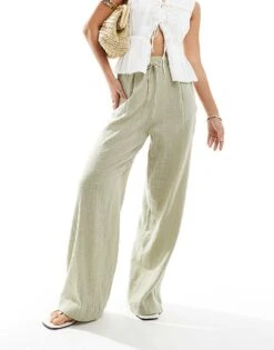 Bershka Rustic Textured Tie Waist Trousers In Light Khaki For Women Green -Chic Maze Sales 206719683 3