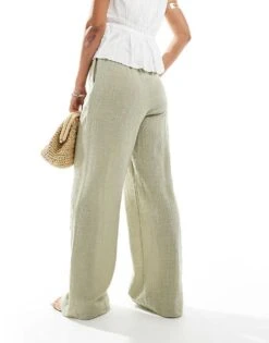 Bershka Rustic Textured Tie Waist Trousers In Light Khaki For Women Green -Chic Maze Sales 206719683 4