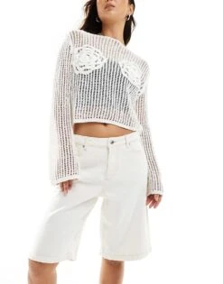 Bershka High Waist Bermuda Denim Shorts In Ecru For Women