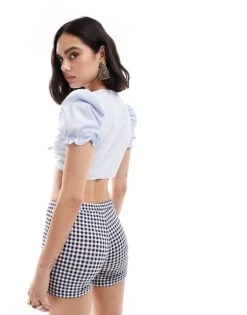 Bershka Puff Sleeve Tie Front Cotton Top In Pale Blue For Women -Chic Maze Sales 206719723 4