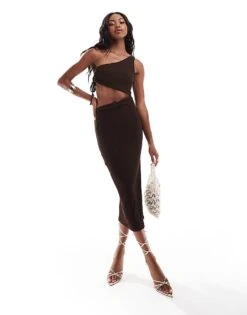 Bershka Textured One Shoulder Cut Out Detail Maxi Dress In Chocolate For Women Brown -Chic Maze Sales 206719783 1 brown 1