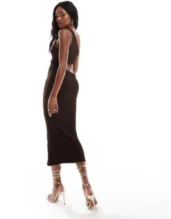 Bershka Textured One Shoulder Cut Out Detail Maxi Dress In Chocolate For Women Brown -Chic Maze Sales 206719783 4