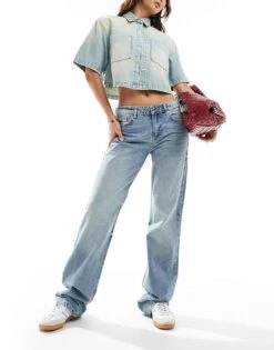 Bershka Low Rise Straight Leg Jeans In Washed Light Blue For Women -Chic Maze Sales 206719894 3