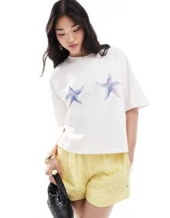Bershka Star Print Oversized T-shirt In White For Women -Chic Maze Sales 206719909 4